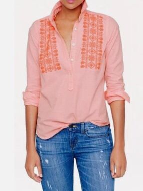 J. Crew Women's Neon Stripe Size 10 Embroidered Long Sleeve Popover Top Blouse